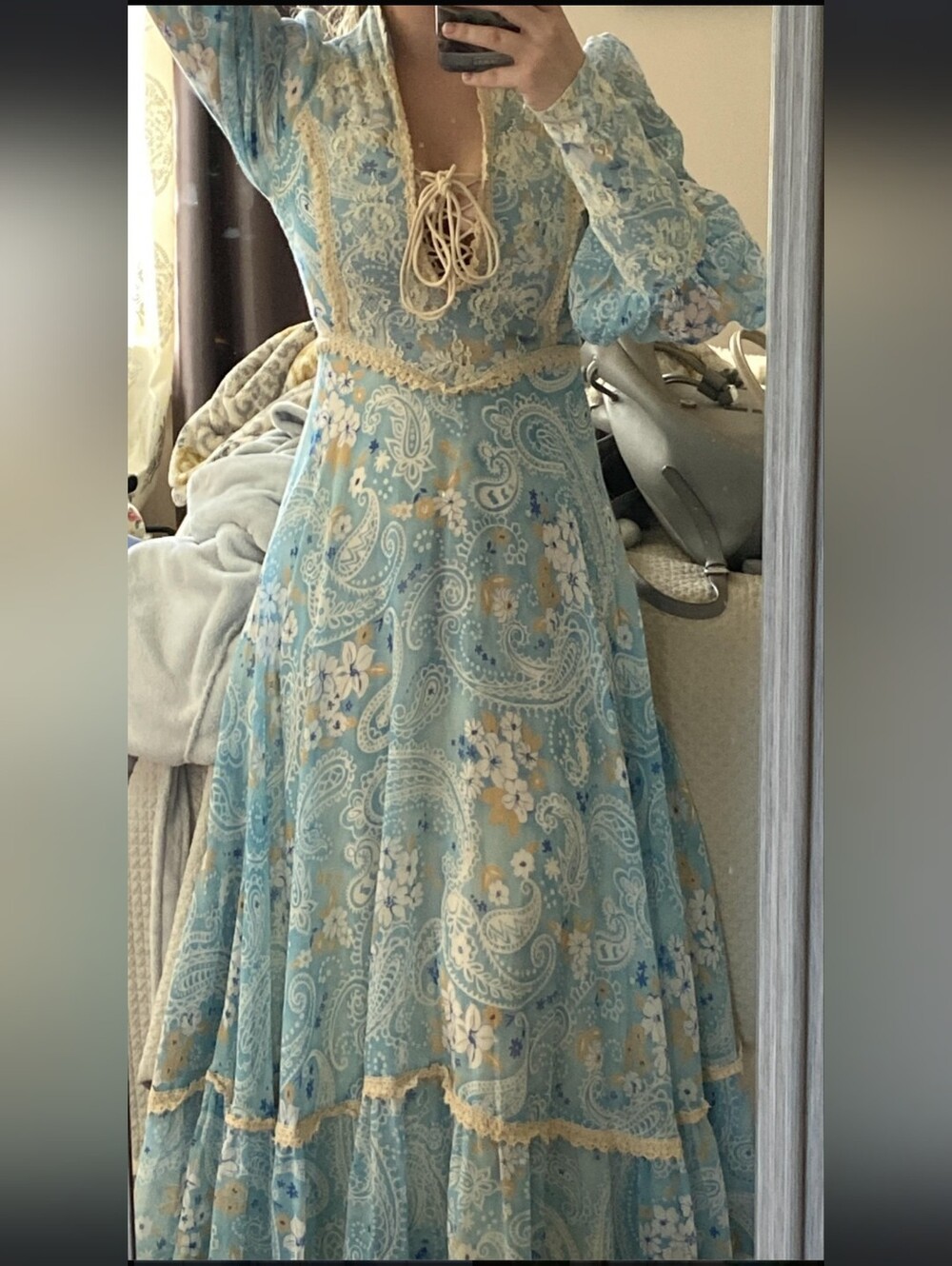 Gunne Sax Vintage Rare 1970 Light Blue Paisley Prairie Lace-Up Corset Maxi Dress